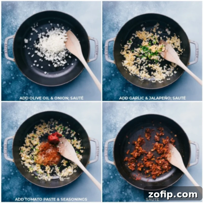 Wholesome Chicken Tortilla Soup 4 Process shots showing onion, garlic, jalapeño, tomato paste, and spices being sautéed in a pot before being added to the slow cooker.