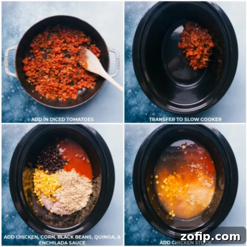 Wholesome Chicken Tortilla Soup 5 Process shots of diced tomatoes being cooked and then all ingredients, including chicken and quinoa, being added to the slow cooker for Healthy Chicken Tortilla Soup.