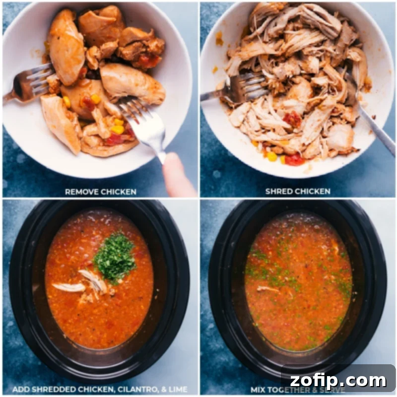 Wholesome Chicken Tortilla Soup 6 Process shots showing cooked chicken being removed from the slow cooker, shredded, and then returned to the soup.