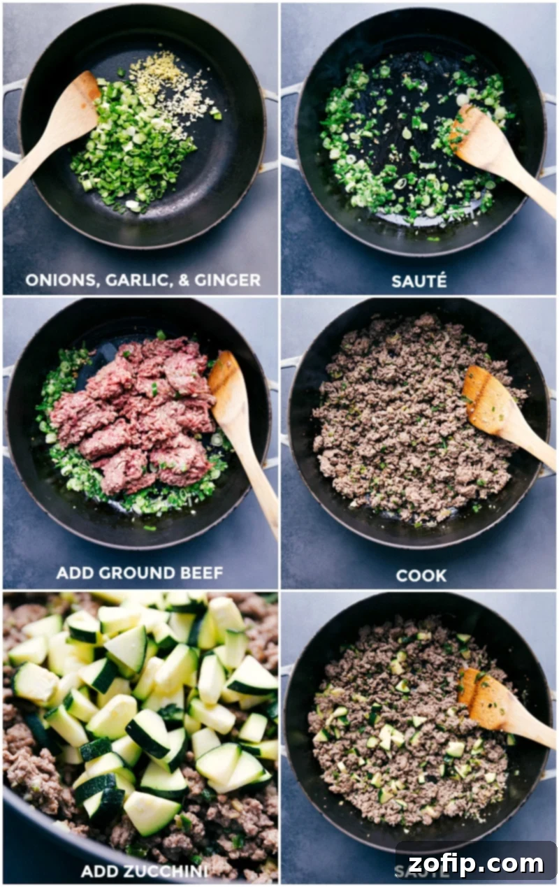 Visual Guide to Preparing Quick Beef Larb: From Pan to Plate A step-by-step culinary sequence demonstrating the preparation of beef larb, from sautéing aromatics to browning ground beef, adding zucchini, and finally simmering with the sauce.