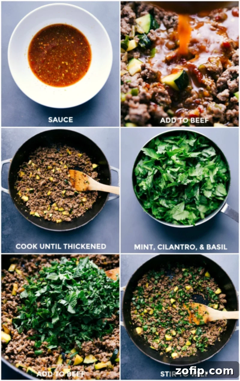 Visual Steps for Creating Herb-Infused Beef Larb with a Glossy Sauce A sequence of culinary images detailing the sauce preparation for beef larb, followed by its mixing with cooked meat, thickening in the pan, the addition of fresh herbs, and the final stages of cooking.