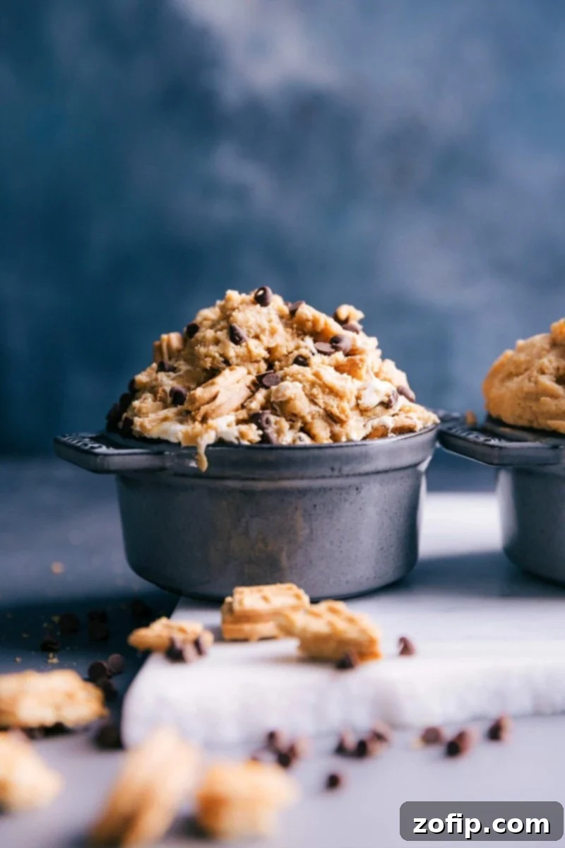 Edible peanut butter cookie dough in a bowl, delicious and ready to be enjoyed.