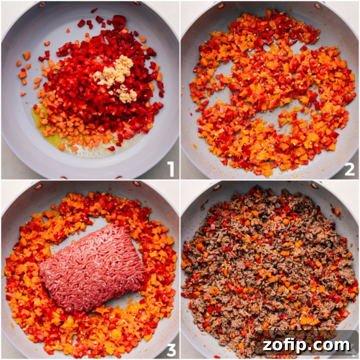 Sloppy Joes Mix Bubbling in Skillet, Ready to Serve with Golden Buns The cooking process for these sloppy joes begins with aromatic vegetables sautéing until tender, followed by the lean ground beef browning perfectly and then being combined with the softened vegetables, ready to absorb the rich sauce.