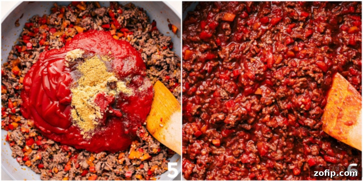 Step-by-Step: How To Make The Best Homemade Sloppy Joes Recipe The vibrant sauce ingredients are carefully added to the browned ground beef and sautéed vegetables, followed by a gentle simmer where all the flavors meld together into a rich, cohesive sloppy joe mixture.