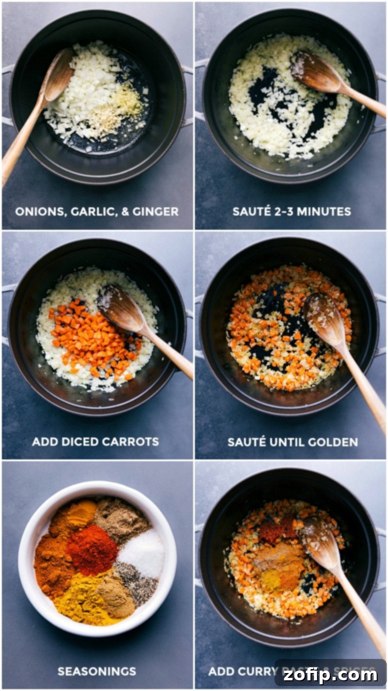 Freshly chopped yellow onion and carrots being sautéed in a large pot with butter, releasing fragrant aromas as they soften, forming the flavorful base of a delicious lentil curry.