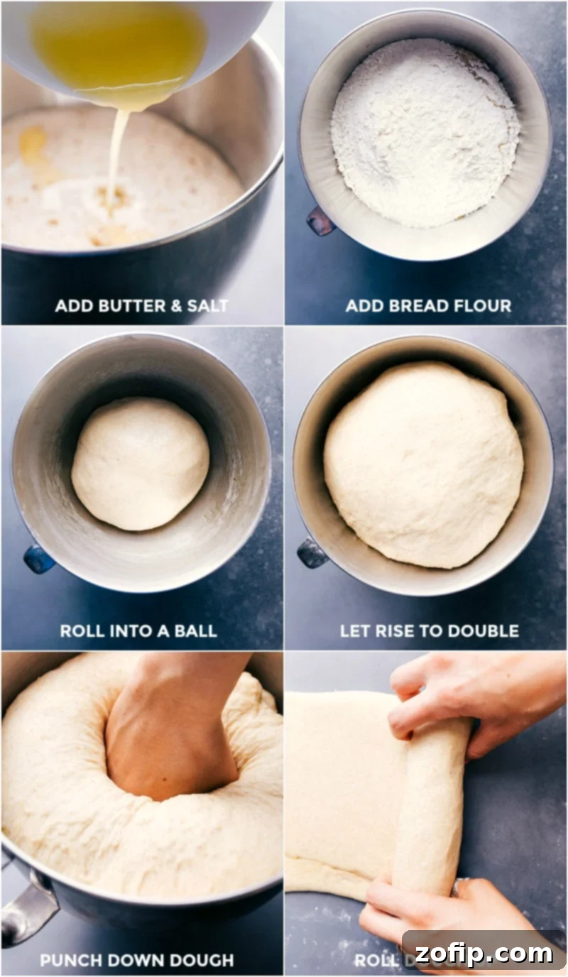 Step-by-step visual of dough preparation: butter, salt, and flour being added, followed by shaping and rising for Honey Whole Wheat Bread.