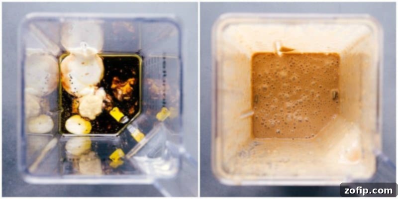Creamy balsamic dressing recipe shown before and after blending, highlighting its transformation.