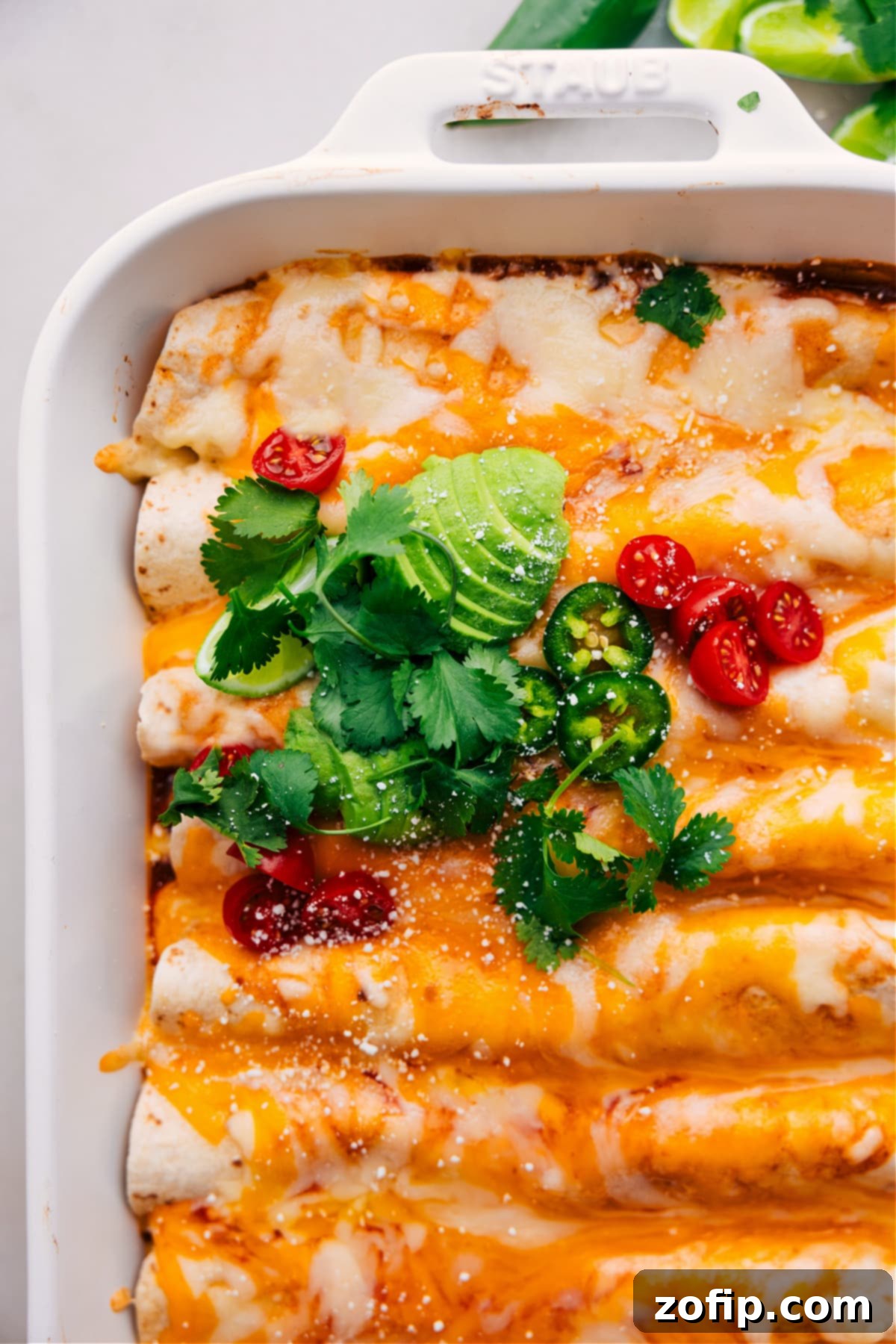 Freshly baked Vegetarian Enchiladas, garnished with creamy avocado, diced tomatoes, thinly sliced jalapeño, and fresh cilantro leaves.