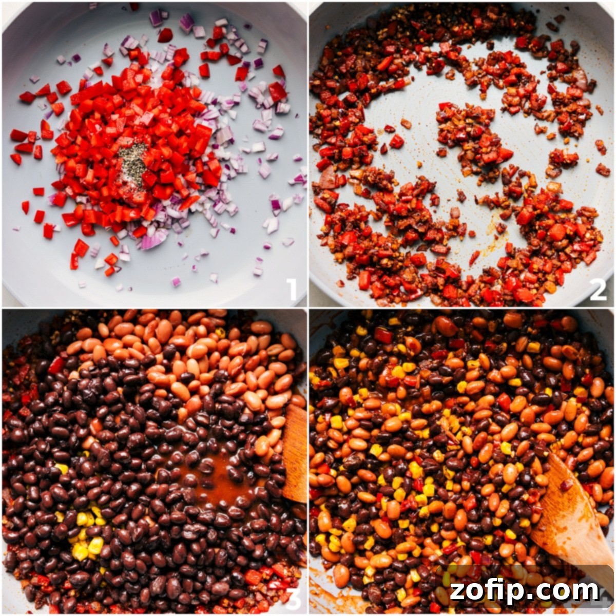 Colorful diced vegetables like red onion and bell pepper sautéing in a large skillet, ready to be combined with beans and corn for the vegetarian enchilada filling.