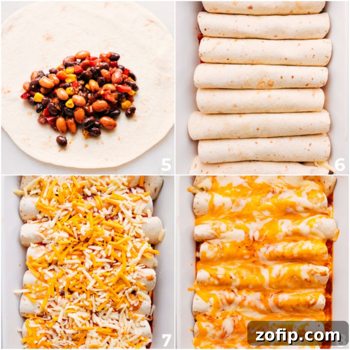 A close-up view of a pan of tempting vegetarian enchiladas, with one sliced to reveal the delicious, cheesy filling of beans, corn, and peppers. The top is golden and bubbly from melted cheese.