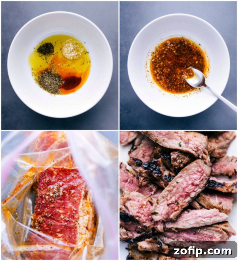 Marinade ingredients laid out, meat soaking in the marinade, followed by it being grilled to perfection.
