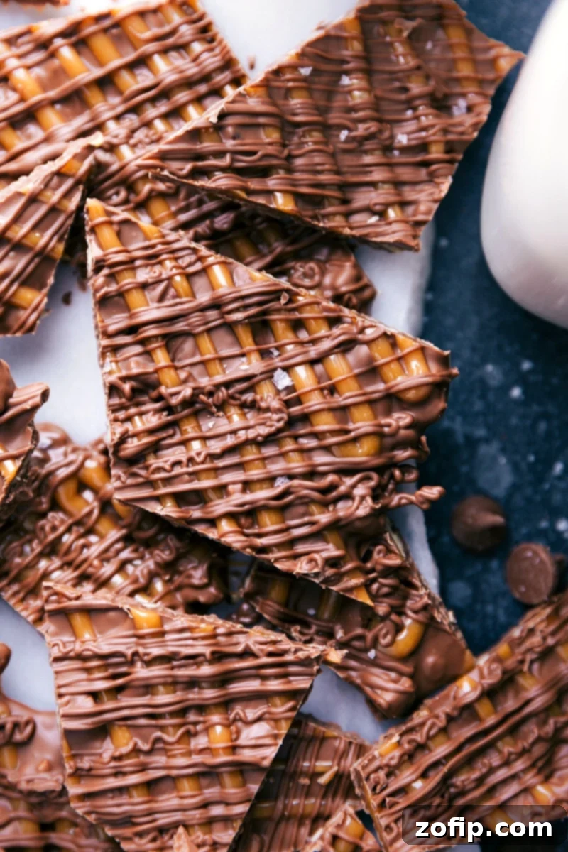 Overhead view of perfectly cut pieces of homemade Turtle Bark, showcasing layers of chocolate, caramel, and toasted pecans.