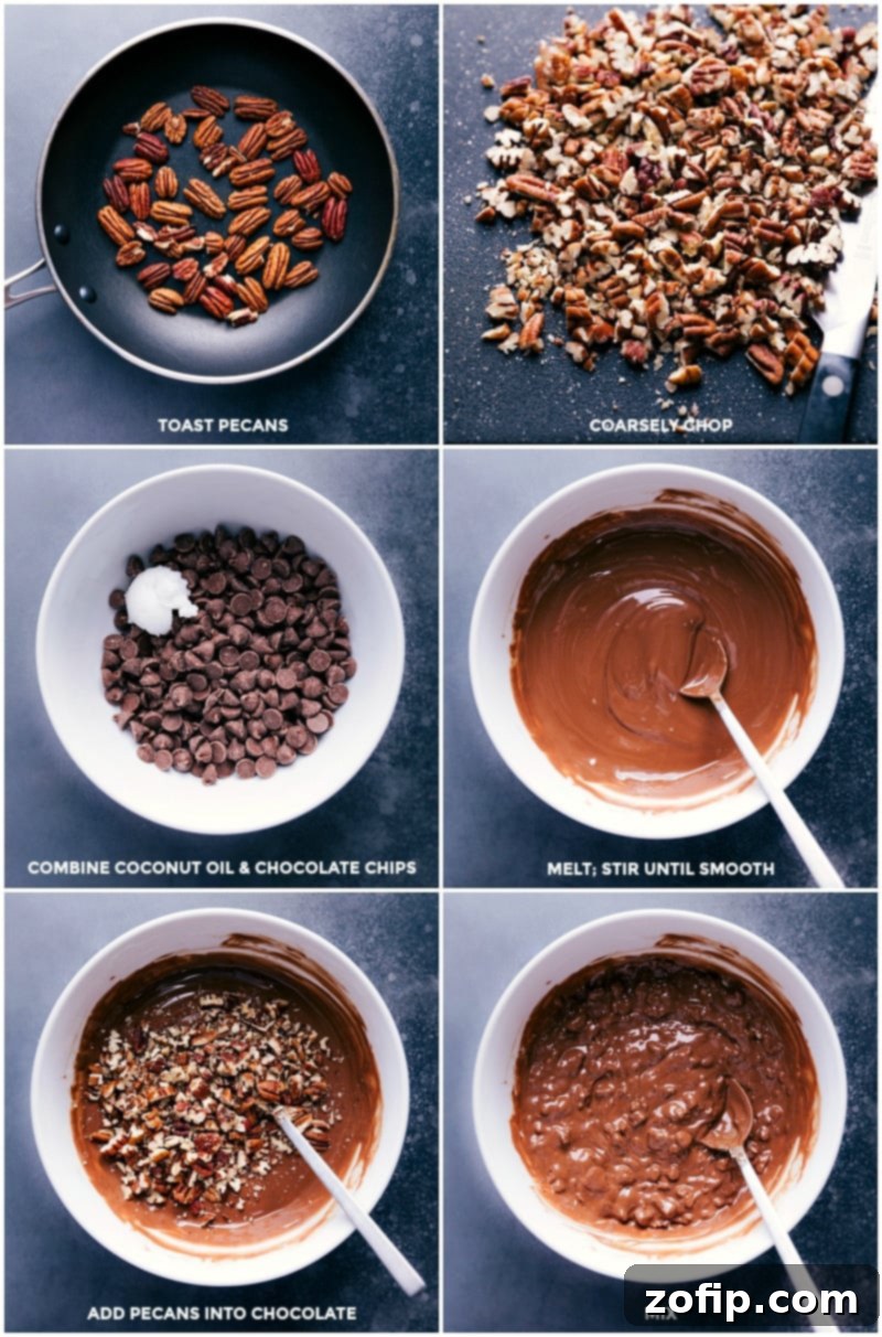 Step-by-step process of making Turtle Bark: toasting pecans, coarsely chopping them, combining chocolate with coconut oil, melting until smooth, and finally mixing in the chopped pecans.