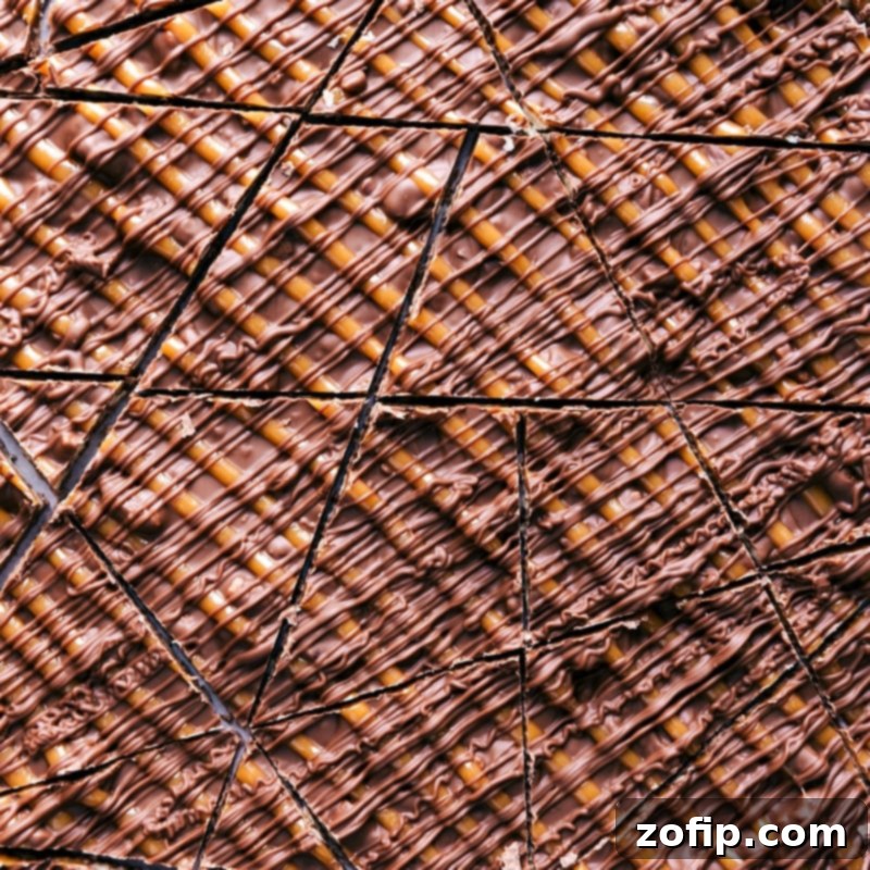 Close-up view of a large piece of homemade Turtle Bark, neatly cut into individual squares, ready to be enjoyed.