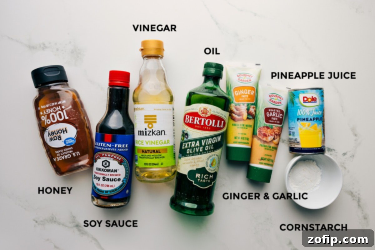 All the essential marinade and sauce ingredients meticulously prepped and laid out, including golden honey, savory soy sauce, tangy vinegar, rich olive oil, pungent ginger and garlic, sweet pineapple juice, and cornstarch for thickening.