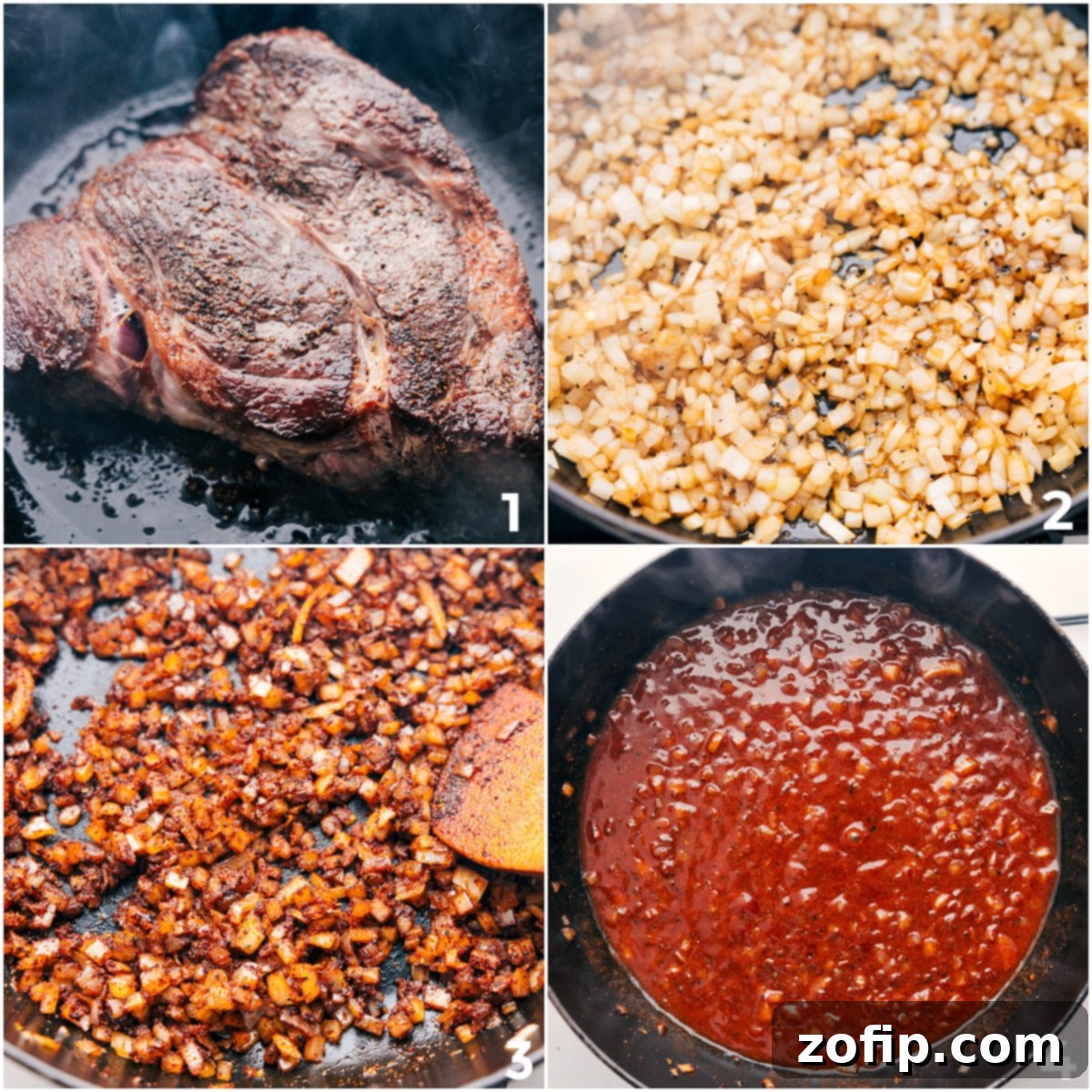 The process of making shredded beef tacos, showing the beef being seared, then onions and seasonings sautéed, followed by the addition of enchilada sauce, all before slow cooking.