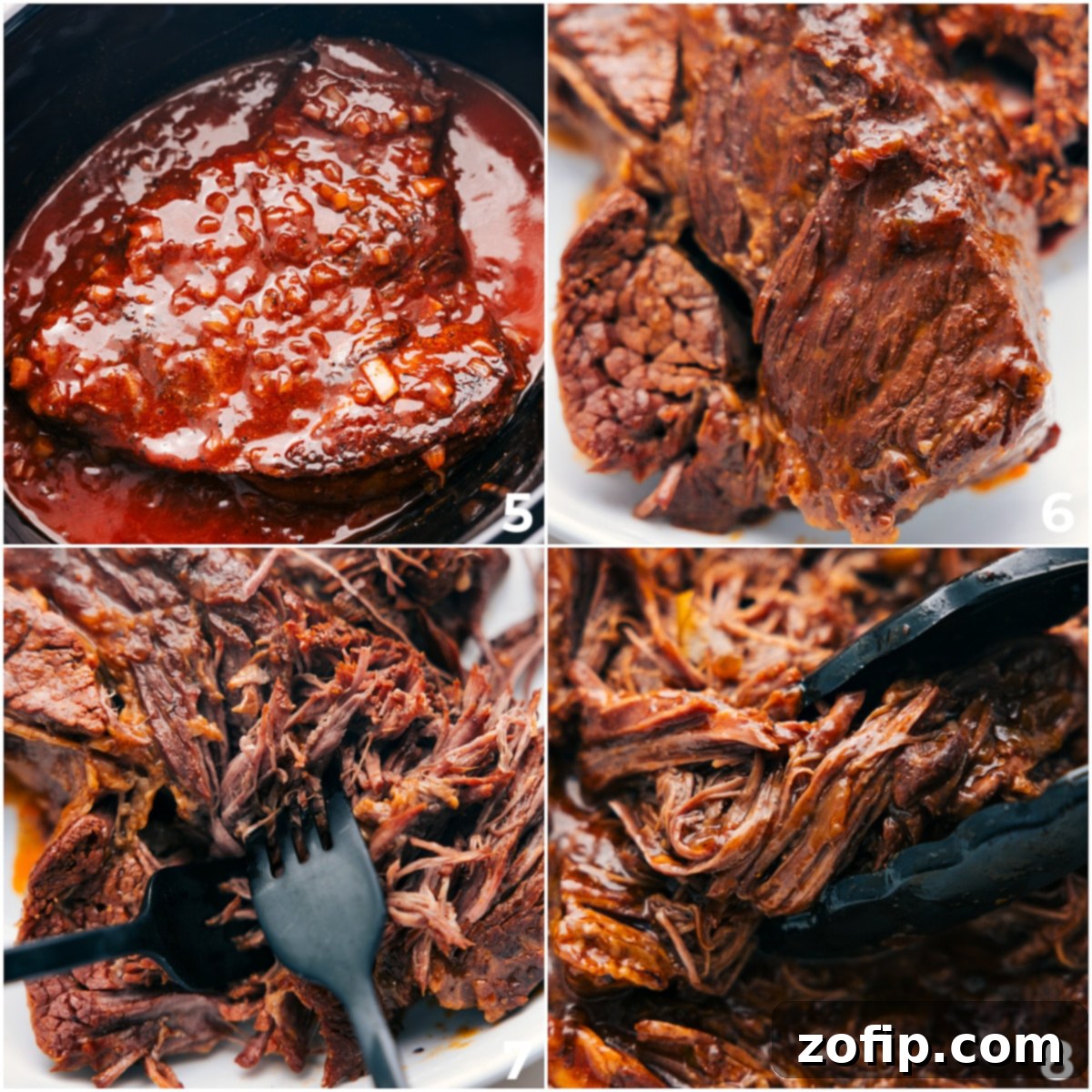 The slow-cooked beef being easily shredded with two forks, ready for taco assembly.