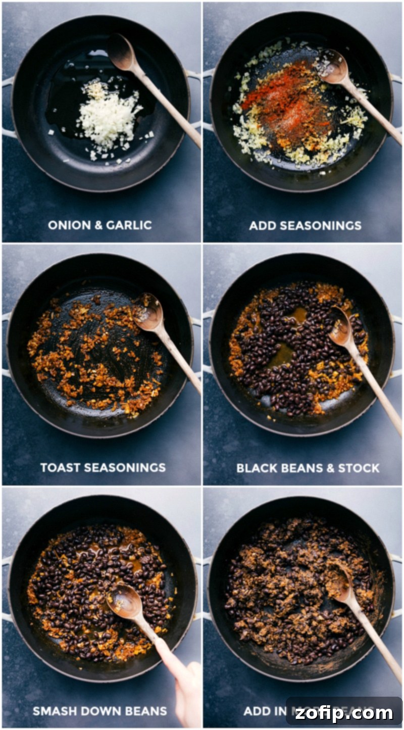 Process of making black bean taco filling: sautéing onions and garlic, adding seasonings, mixing with black beans and stock, and gently mashing beans for texture.