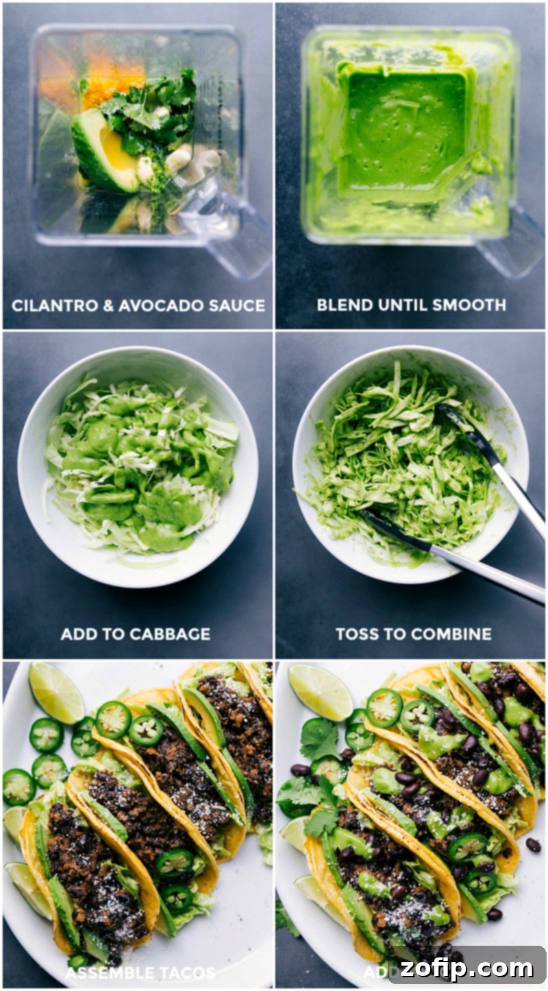 Sequence of preparing the Black Bean Tacos: blending cilantro and avocado for sauce, mixing the sauce with shredded cabbage, and adding all components to assemble the final meal.