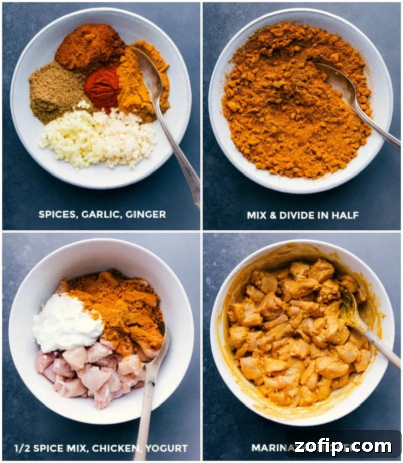Progression of marinated chicken preparation: measured spices, spice blend, yogurt marinade, and chicken pieces ready for marinating.