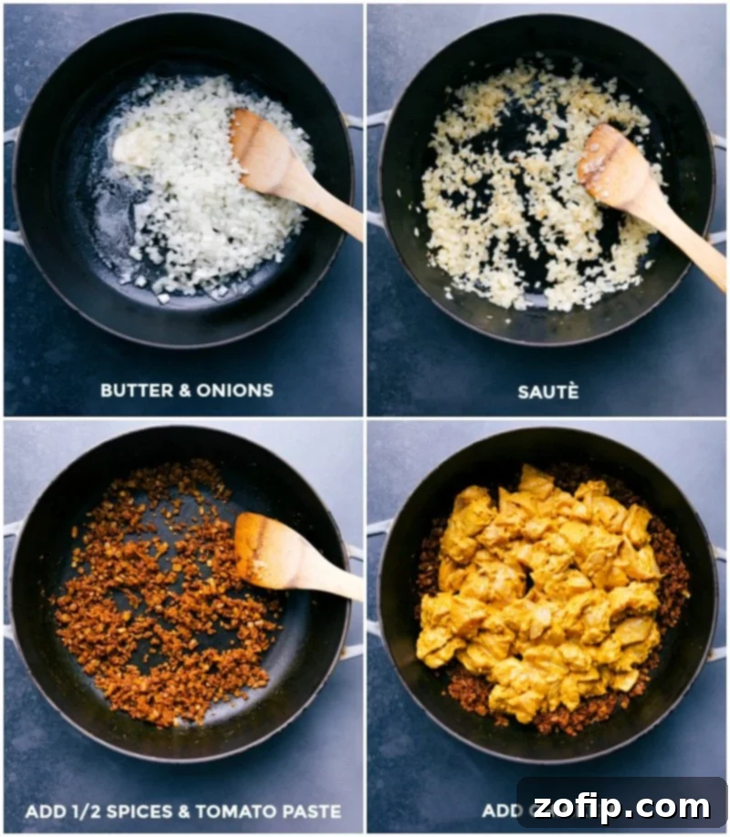 Cooking stages of butter chicken: sautéing finely diced onions in butter, adding spices and tomato paste, then incorporating marinated chicken pieces into the pan.