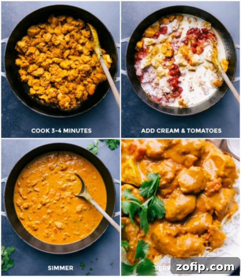 Butter Chicken simmering gently with cream and fire-roasted tomatoes, showcasing the rich, creamy sauce and tender chicken pieces.