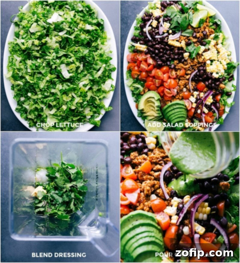 Chopped lettuce with various toppings added, alongside blended dressing being poured over the salad.