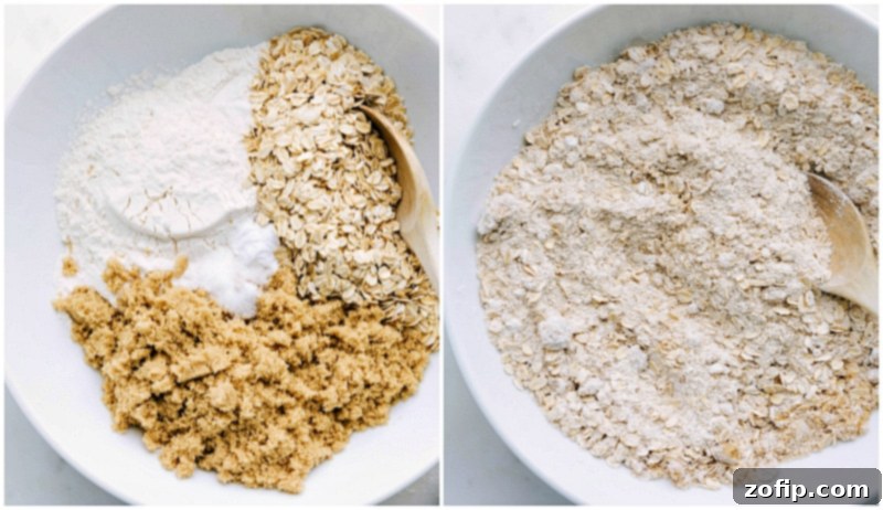 Key Ingredients for Decadent Oatmeal Caramel Cookies Separate bowls containing old-fashioned oats, all-purpose flour, and light brown sugar, perfectly prepped for mixing in a caramel oatmeal cookie recipe.