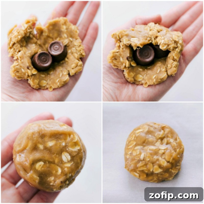 The Secret to Gooey Caramel Centers: Encasing Rolos Hands carefully placing Rolo candies into flattened cookie dough, demonstrating the essential step of encasing the caramel for the oatmeal cookies.