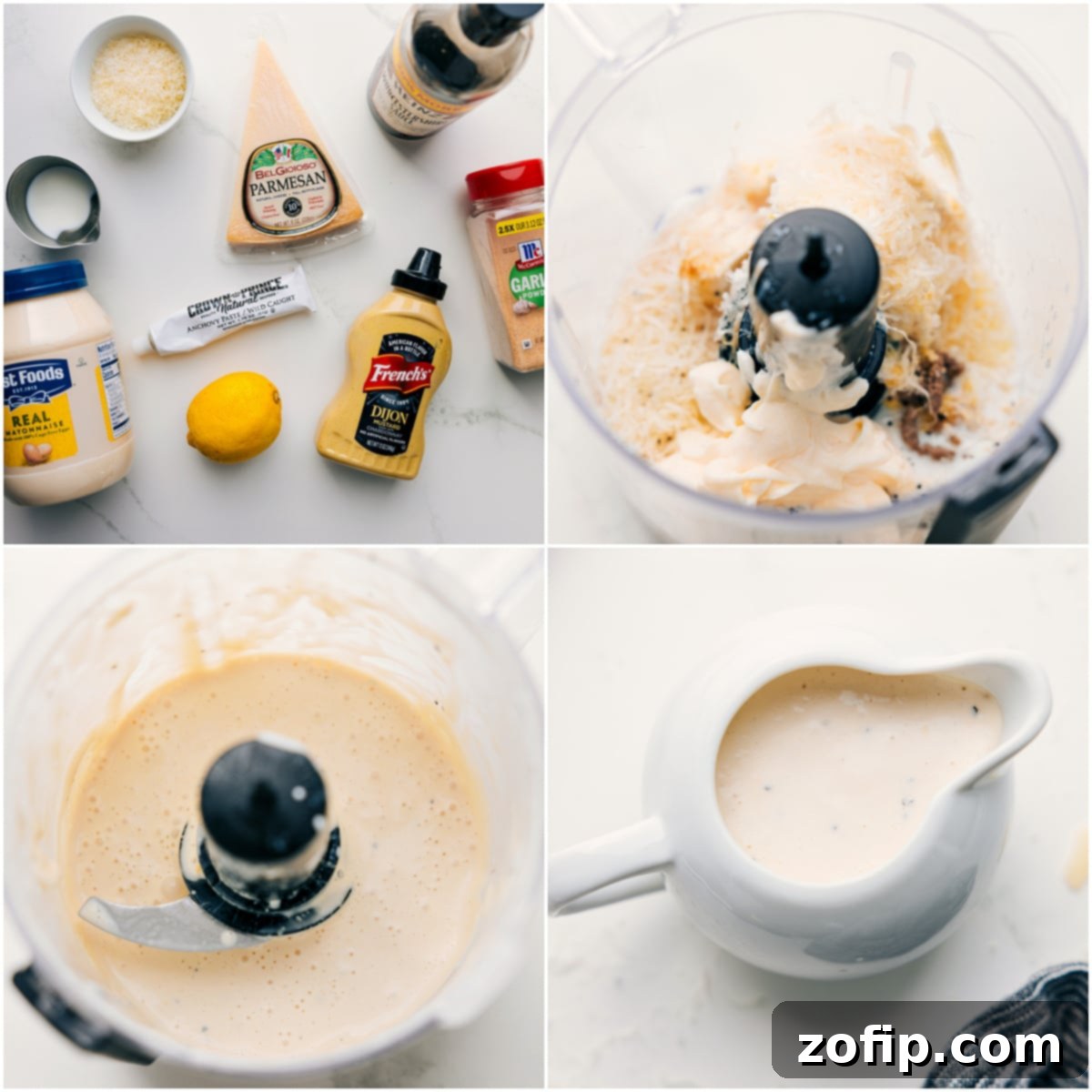 All dressing ingredients in a food processor, ready to be blended into a smooth, creamy Caesar dressing.