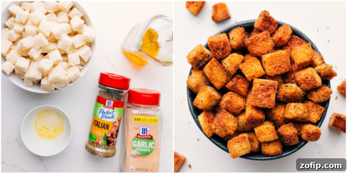 Ingredients for homemade croutons laid out, alongside a bowl of perfectly golden and crunchy finished croutons.