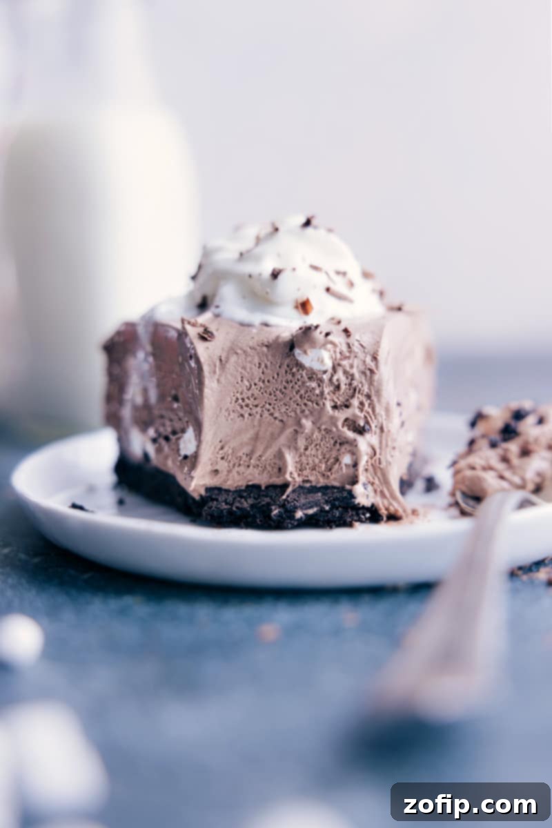 A stunning close-up of a slice of Frozen Hot Chocolate Cheesecake, highlighting its rich layers of creamy filling, crunchy Oreo crust, and delightful marshmallow swirls. #frozenhotchocolate #cheesecakelover #dessertperfection Close-up view of a slice of Frozen Hot Chocolate Cheesecake, showing the creamy filling, Oreo crust, and marshmallow swirls.