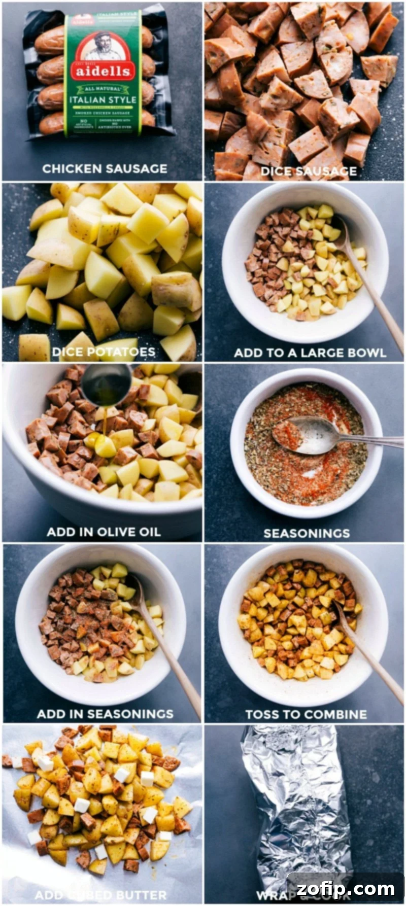 Seasoned Sausage & Potato Mix: Prepped for Foil Packing A large mixing bowl filled with diced sausages and uniformly cut potatoes, thoroughly coated in a flavorful seasoning blend, ready for foil pack preparation.