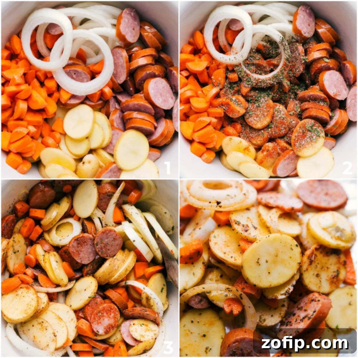 All the ingredients assembled in a bowl and it all being mixed together and assembled in a foil pack for these hobo foil packets.