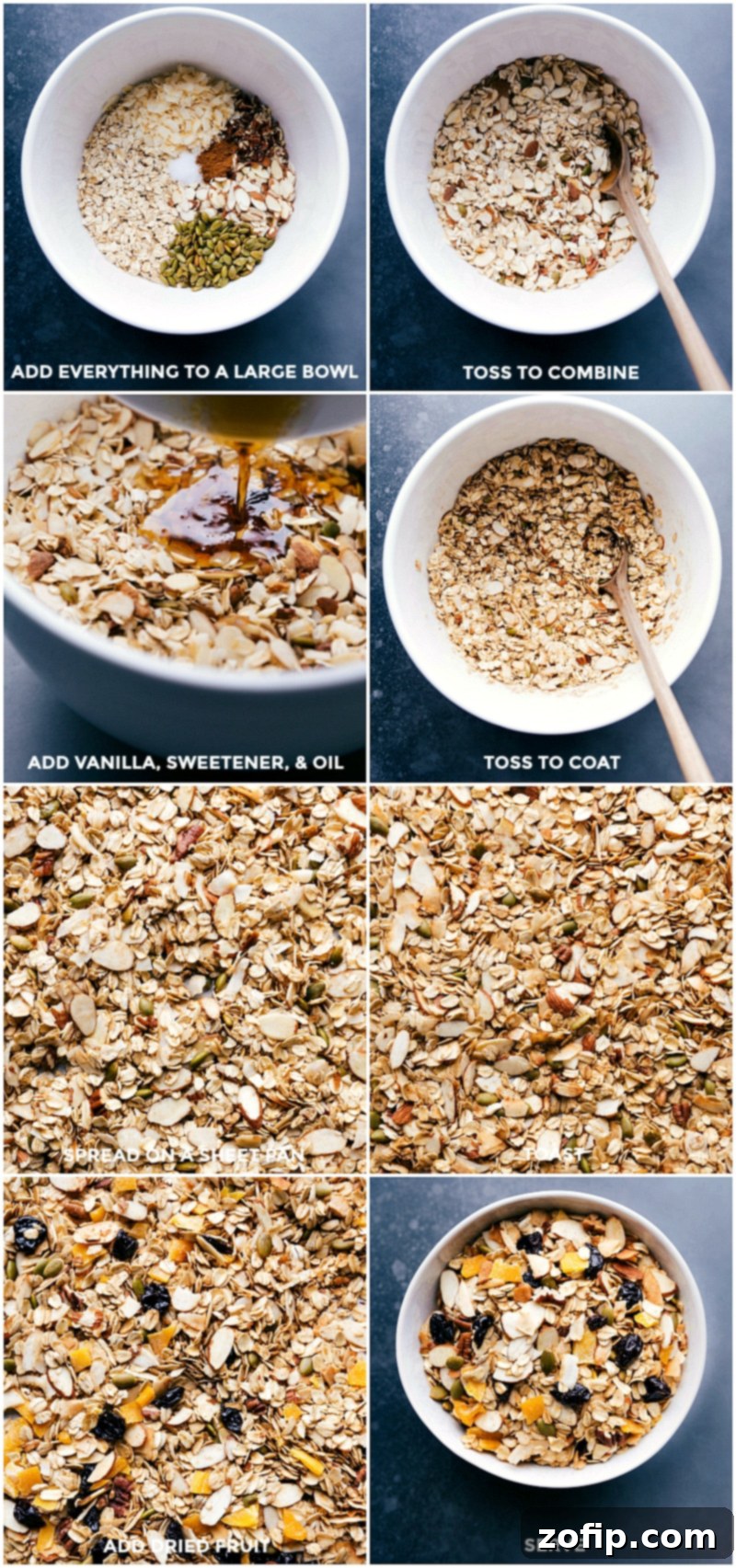 A visual sequence showcasing the meticulous preparation of homemade muesli, from combining diverse ingredients in a large mixing bowl to spreading the mixture evenly on a baking sheet for toasting, and finally, serving the finished muesli adorned with fresh fruits, highlighting the wholesome process.