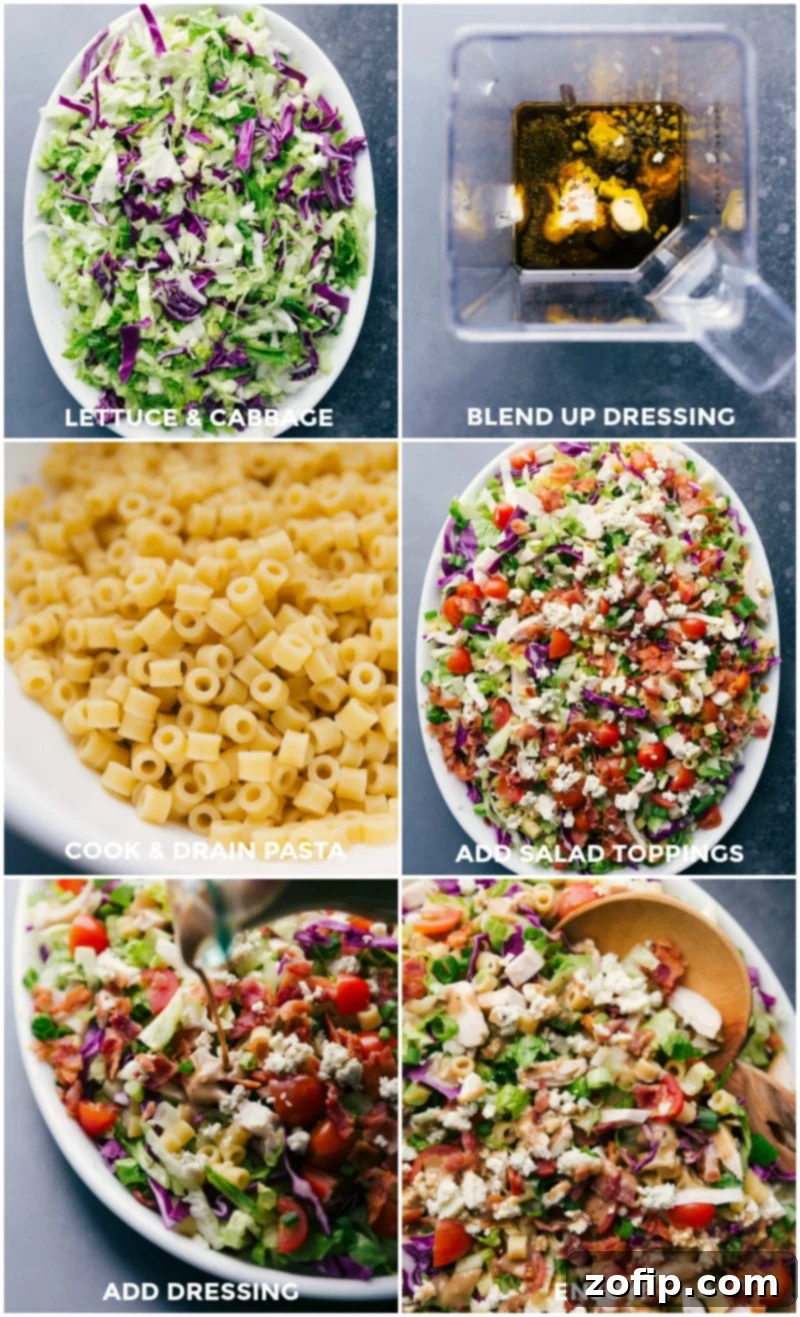 Preparation steps for Portillo's Chopped Salad, showing ingredients being prepped, dressing blended, pasta cooked, and toppings added.