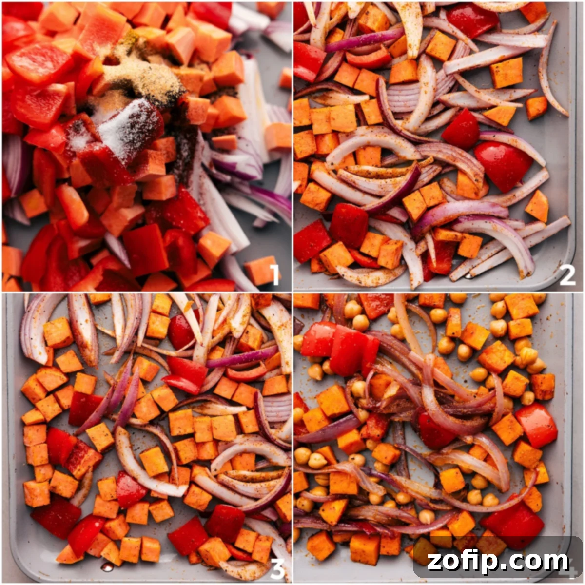 Perfectly Roasted Vegetables & Chickpeas for Your Buddha Bowl Sheet pan filled with beautifully roasted sweet potatoes, red onion, red pepper, and crispy chickpeas, fresh from the oven and ready to be added to Buddha bowls.