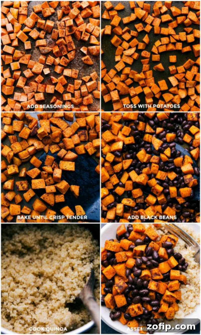 Sweet Potato Buddha Bowl Steps: Roasting Seasoned Sweet Potatoes, Adding Black Beans, and Cooking Quinoa. Sweet potatoes being seasoned for roasting, black beans added to a bowl, and quinoa cooking in a pot, illustrating the preparation steps for the Buddha bowl.