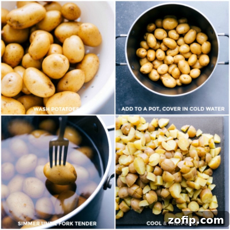 Potato Salad Prep: From Washing Potatoes to Simmering, Cooling, and Chopping Washing Yukon gold potatoes, then simmering them in a pot until fork-tender, followed by cooling and chopping for this potato salad recipe.