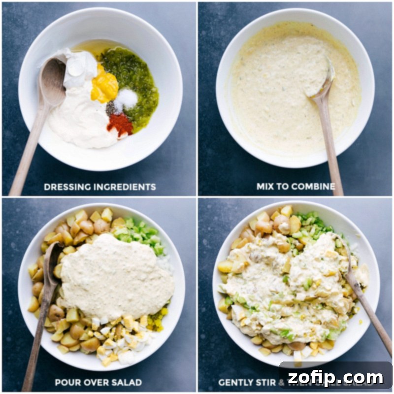 Potato Salad Dressing Creation: Mixing Ingredients, Pouring, and Stirring for Flavorful Blend Preparing dressing with ingredients in a bowl, being mixed, poured, and gently stirred together.