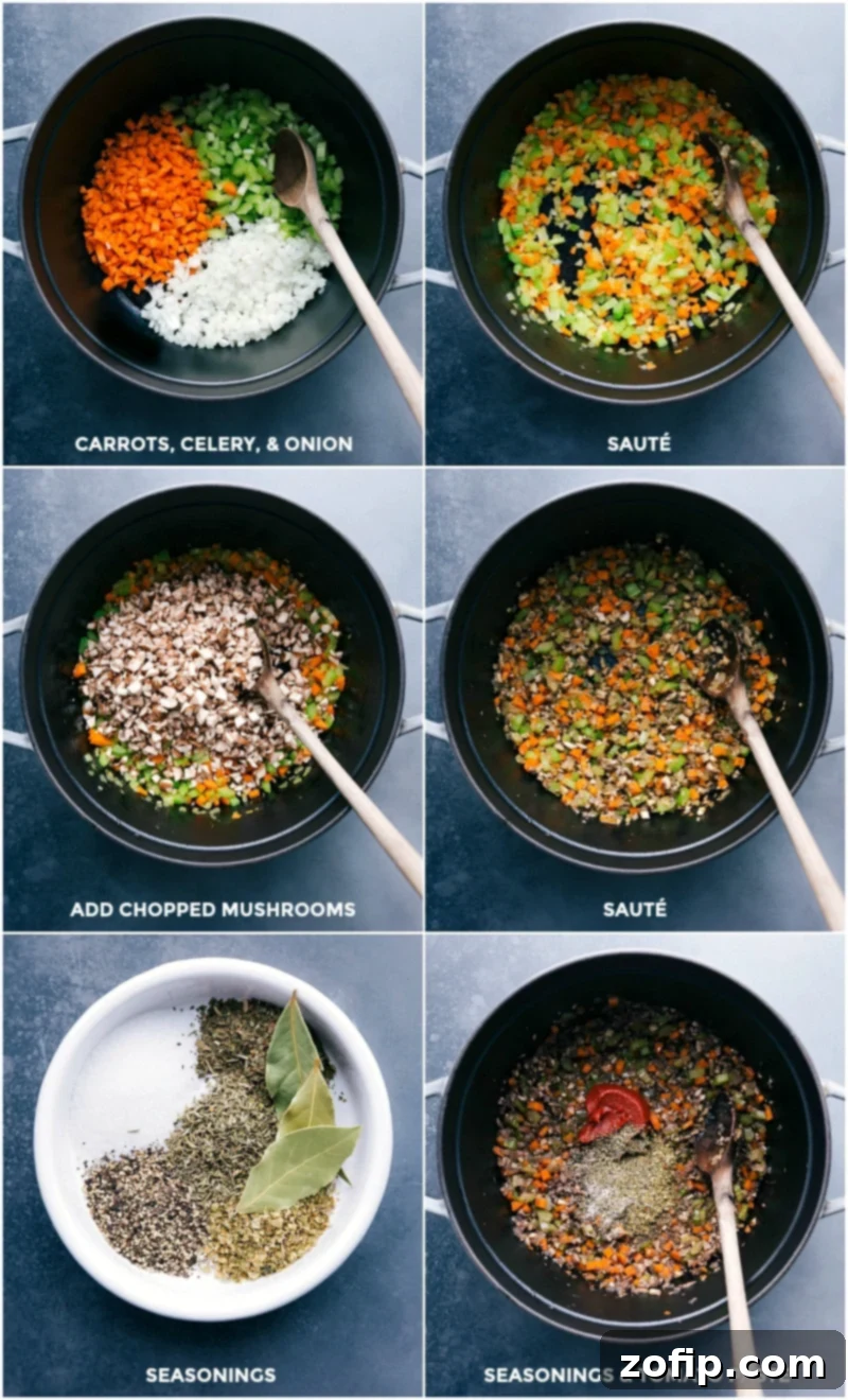 Carrots, celery, and onion in a pan, being sautéed, followed by adding mushrooms and more sautéing, with seasonings and tomato paste mixed in.