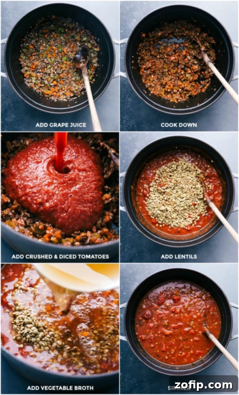 Finalizing the sauce by adding grape juice, reducing the liquid, incorporating tomatoes, and simmering with vegetable broth.