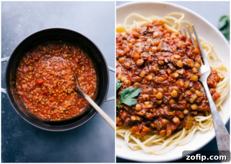 Finished lentil bolognese recipe simmering in the pot, and then served over a bed of spaghetti.
