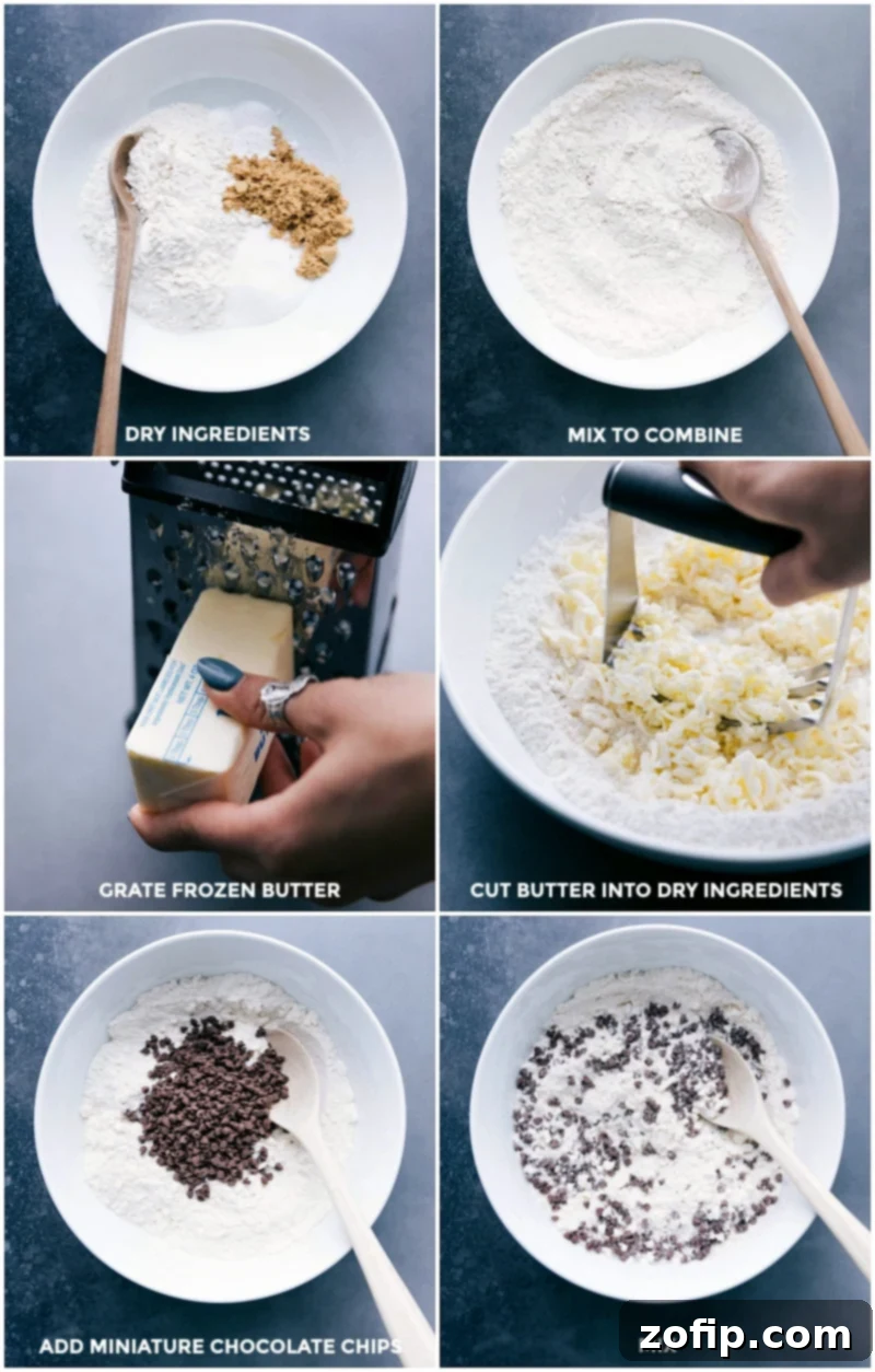 Preparing Chocolate Chip Scones: Mixing Dry Ingredients, Grating Butter, and Adding Chocolate Chips Assembling dry ingredients for the chocolate chip scone recipe, cutting in grated butter, and adding chocolate chips to the mix.