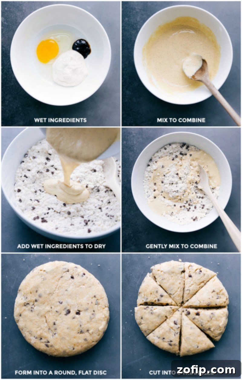 Dough Preparation: Wet Ingredients Added and Shaped into Triangles Pouring wet ingredients into dry mixture, shaping into round flat disc, and cutting into triangles.