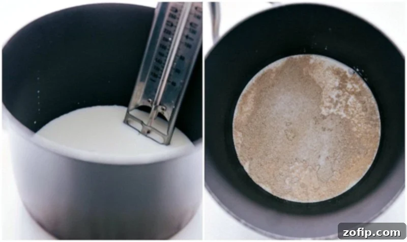 Yeast Proofing in Warm Milk Process shots: heating milk and adding yeast for Homemade Cinnamon Rolls, showing foamy activated yeast.