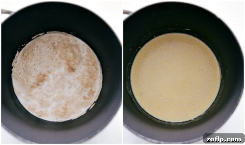 Combining Wet Ingredients for Dough Process shot of adding the egg/butter mixture to the yeast/milk mixture for Homemade Cinnamon Rolls, showing both components before and after combining.