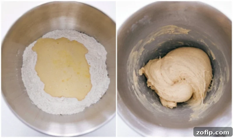 Dough Mixing and Kneading Process Process shot of whisking together dry ingredients, adding in wet, and mixing it all together for Homemade Cinnamon Rolls, showcasing the dough coming together.