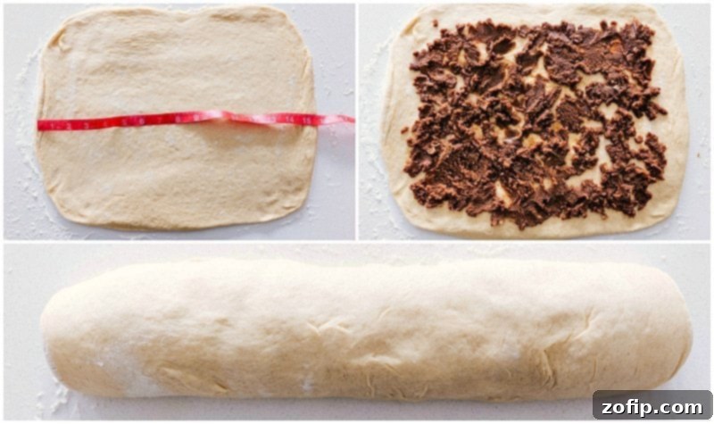 Rolling Dough and Adding Cinnamon Filling Process shots of rolling out the dough, spreading cinnamon sugar, and forming the dough into a log for Homemade Cinnamon Rolls, ready for slicing.