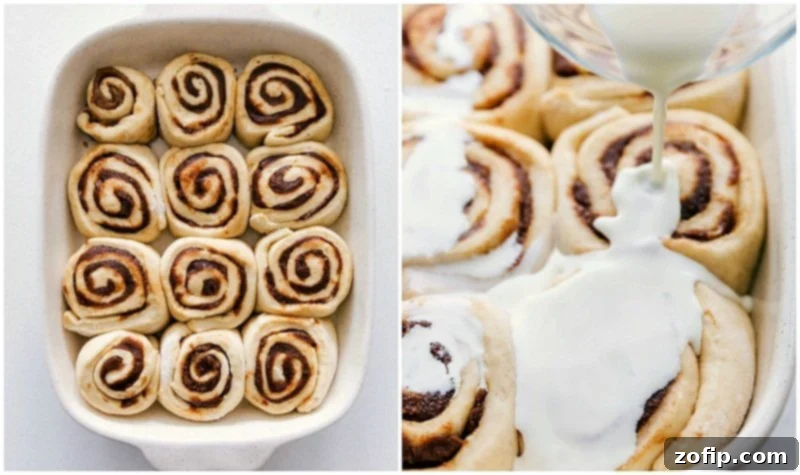 Heavy Cream Soaking into Cinnamon Rolls Adding the secret ingredient (warmed heavy cream) to the prepared pan of these homemade cinnamon rolls before baking.